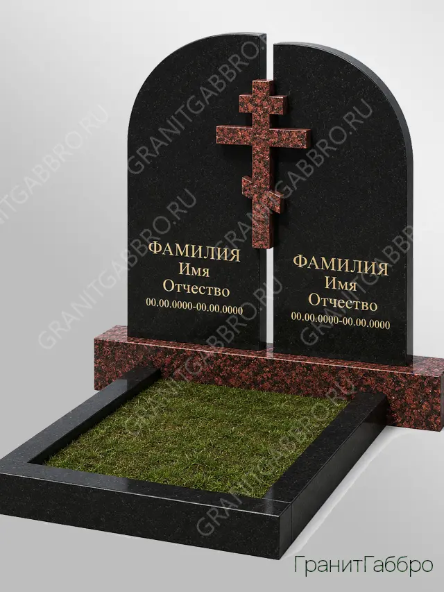 Двойной комбинированный памятник с крестом из гранита