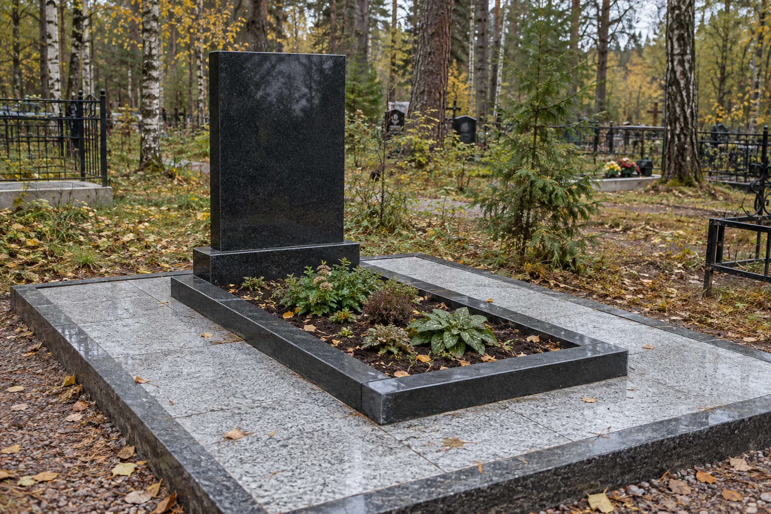Иллюстрация благоустройства могилы: чёрная стела, открытый цветник и светлая гранитная плитка